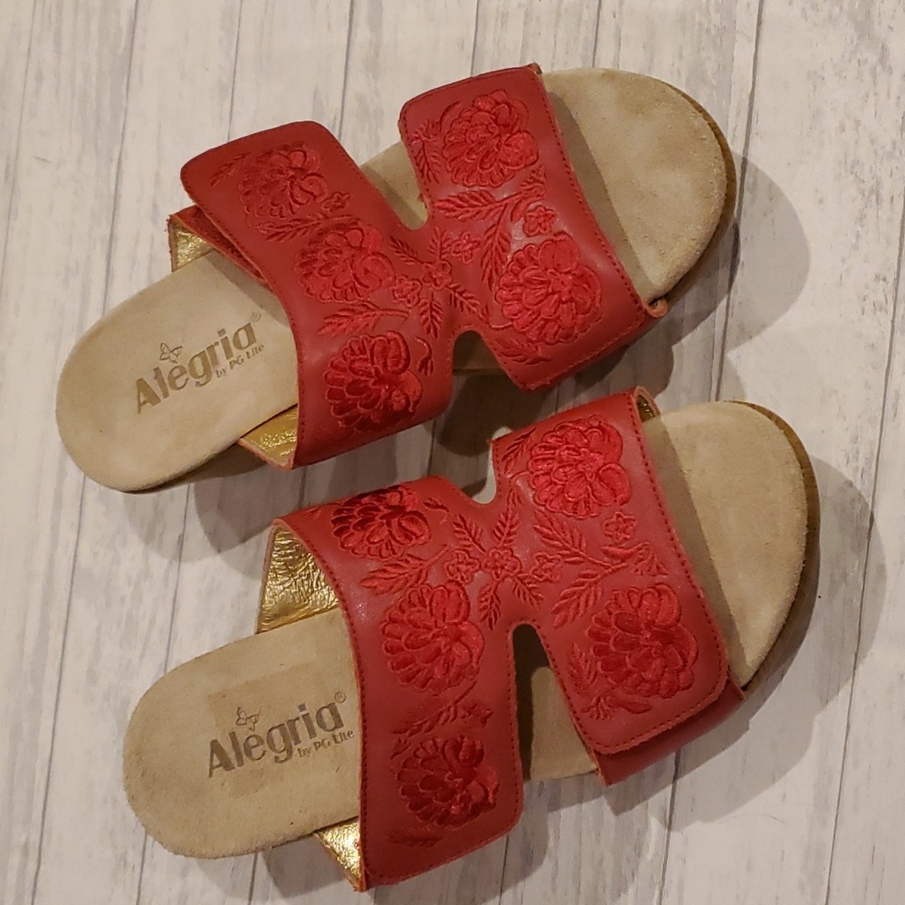 Alegria | Lin Red Floral Embroidered Leather Slide Sandals | Size 9